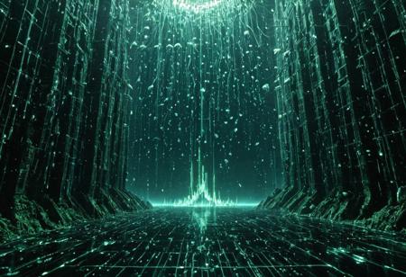 An abandoned metropolis submerged in a liquid sea of code. Buildings protrude from the glowing surface like broken data towers, their windows flickering with ghost signals. Digital fish swim through streaming data currents, and the sky rains falling hexadecimal symbols. Above, a giant corrupted moon phases in and out of sync. Atmospheric digital decay, underwater aesthetic reimagined in data, cinematic framing, surreal techno-ruins