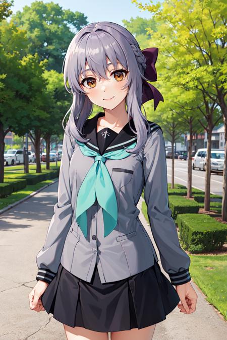 masterpiece, best quality, highres, aashinoa, hair bow, serafuku, sailor collar, green neckerchief, grey shirt, long sleeves, black skirt, <lora:hiiragi_shinoa_v1:0.7>, standing, cowboy shot, smile, outdoors