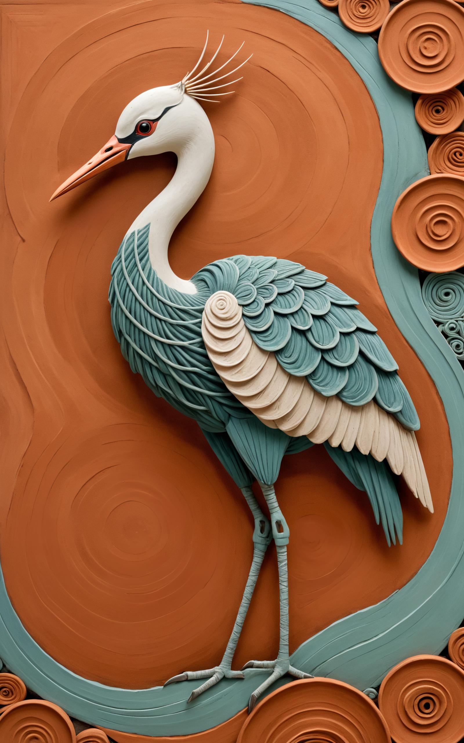 A blue and white bird sculpture with a long neck and feet on an orange background.