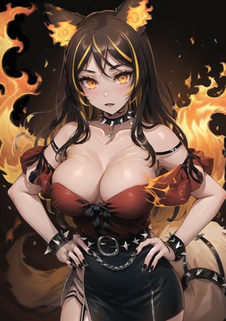 best quality, sinder, looking at viewer, hands on hips, closed mouth, 1girl, yellow eyes, wolf girl, long brown two-toned streaked hair+swept bangs and sidelocks, fiery wolf ears and flame-tipped wolf tail, orange tail, ear piercing, bare shoulders, large breasts, cleavage, collarbone, off-shoulder shirt with a black bow, (spiked belt, spiked bracelet, spiked choker, spiked collar:1.3), nails, black nailpolish, black pencil skirt+skirt slit, thighs, asymmetrical legwear:fishnets thighhighs+black thighhighs, thigh strap, legwear garter, fire+flames and embers, finely detailed background, amazing background