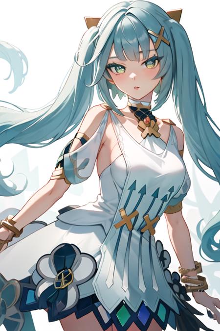 best quality, masterpiece, highres, solo, {faruzan_genshin:1.15}, twintails, bangs, long_hair, hair_ornament, aqua_hair, x_hair_ornament, green_eyes, jewelry, breasts, bracelet, small_breasts, symbol-shaped_pupils, upper_body, 1girl, dress, looking_at_viewer, parted_lips, short_sleeves, white_background, white_dress, bare_shoulders