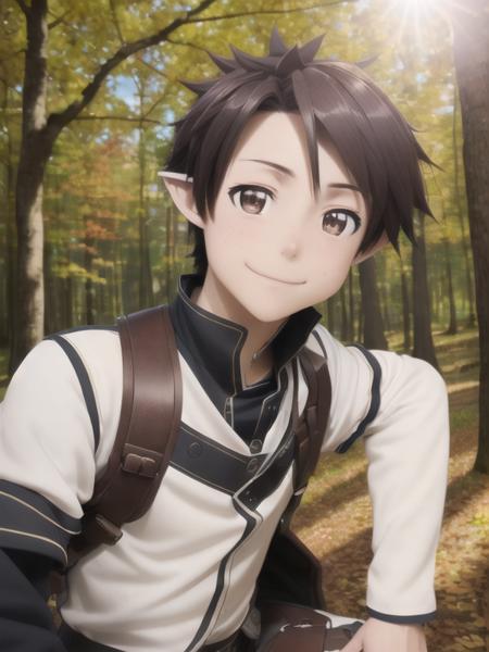 masterpiece, best quality, DSLR, insanely detailed, 1young man, KiritoALO, short hair, shy smile, insanely detailed eyes, perfect face, path inside a dense forest, sun shining through leaves, RayTrace, light rays, <lora:SAO-V1RS:1>