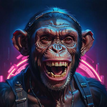 closeup portrait of a chimp, cyberpunk, lucky laugh face, cyberpunk implant in head, highly detailed, evocative, high contrast, blue and pink neon lights as the background, lucky laugh face, tshirt pink weared