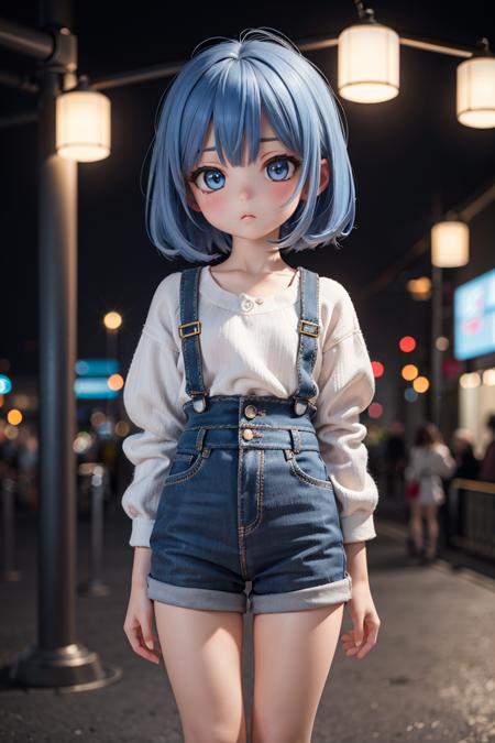 (masterpiece), best quality, high resolution, highly detailed, detailed background, perfect lighting, outdoor, 1girl, petite, blue hair, pout