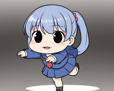 standing on one leg, (arms forward:1.1), running, serafuku, robinish_pose, <lora:robinish_pose:0.5>, |_|, 0_0, super_deformed, (superman:0.2), detailed_face, chibi