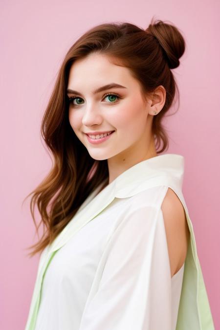 HD, perfect quality, 16k, very detailed,  a beautiful 21yo college girl with ginger hair in a bun, pale skin, wearing a toga, pink fleckes, green eyes, slim, detailed skin, hair behind ear, eyeshadow, eyeliner, smiling proudly, standing in front of pink background