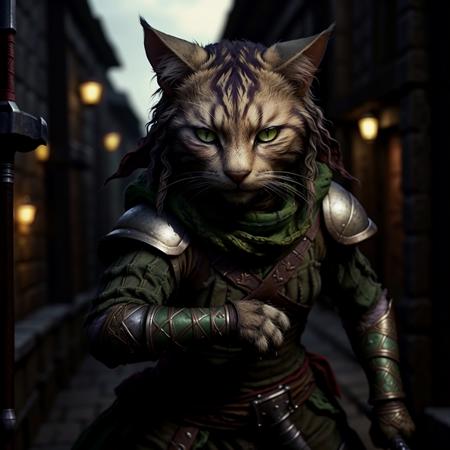 <lora:RPGTabaxi:1.0> tabaxi:1.2, solo, green eyes, holding weapon, sword, scarf, armor, gauntlets, looking at viewer, blurry, blurry background, realistic:1.3, medieval alley