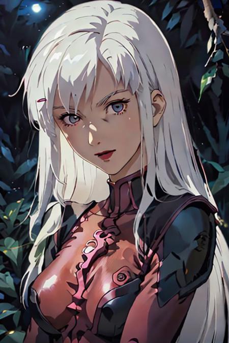 4K, highly detailed,masterpiece, high quality  ,Nora , 25 years old, White hair and dark eyes, deep red lipstick , and she wearing bodysuit that cover her body exclude head, upper body, BODYSUIT, Jungle, moonlight passing through hair, Smirk face