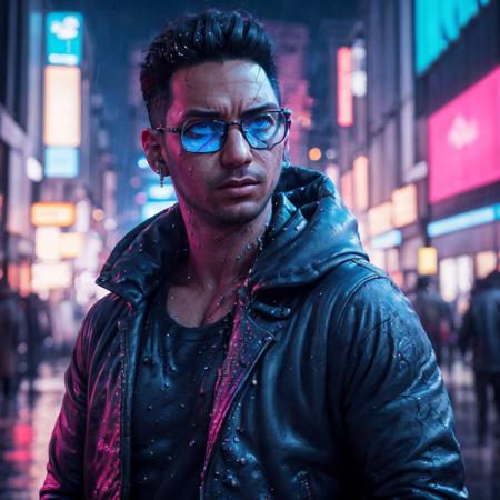 Zizan, a man, cyberpunk city hacker :: neon graffiti, augmented reality black frame glasses, hooded cloak :: rainy night :: Epic cinematic brilliant stunning intricate detailed matte painting, deep color, fantastical, intricate detail, splash screen, complementary colors, fantasy concept art, 8k resolution trending on Artstation, Unreal Engine 5