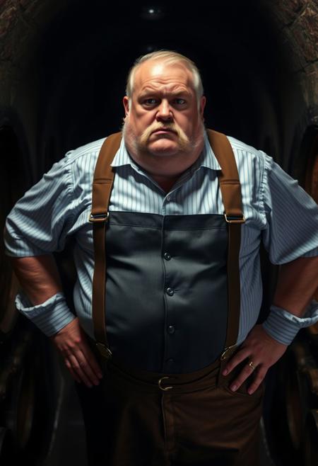 seen from above, professional model photograph with dramatic lighting, dark night, dark background, lowlight, in dark wine cellar,  stereotypical traditional bavarian german granddad, tall big man with large belly, deep blue-green eyes, bushy eyebrows, pale blonde hair, big bushy eyebrows, tanned sun-kissed skin, lederhosen, bavarian leather pants, leather suspenders, small golden earring, stern serious arrogant dominant personality, disgusted arrogant expression, hands on hips