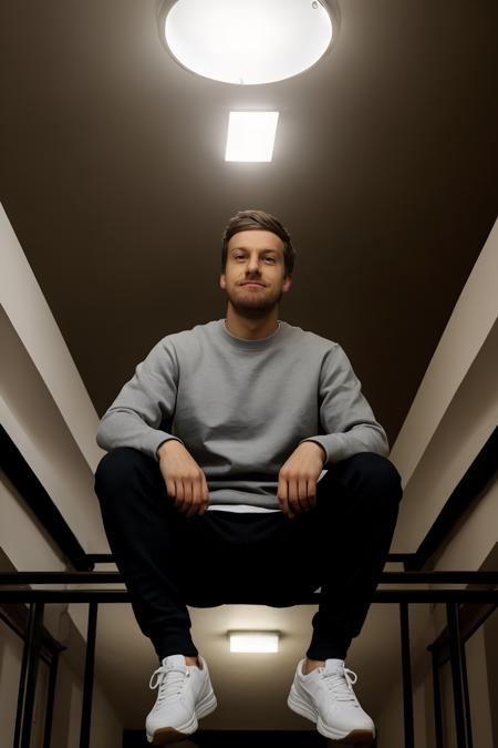 ChrisRamsey, large format photo of a man, anxious facial expression, gray crewneck sweatshirt, jogger sweatpants and slip-on sneakers, upper body, under bounced lighting, from below, shot on a Kodak Brownie <lora:ChrisRamseyLora:1>