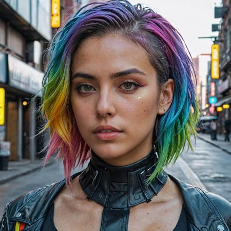 epic realistic, DV_Karah_Vicious, cyberpunk lanscape, ultra realistic, cinematic lighting, ultra detailed, detailed gorgeous face, beautiful girl, olive skin, medium length rainbow hair, simetric face, good anatomy, deusamelada, (Masterpiece:1. 3), (best quality:1. 3), <lora:add_detail:0. 4> <lora:epi_noiseoffset2:0. 4> <lora:hairdetailer:0. 6> <lora:more_details:0. 3> <lora:add-detail-xl:1. 2> <lora:DetailedEyes_V3:1. 2> <lora:sd_xl_offset_example-lora_1. 0:1. 2>, (natural skin texture, hyperrealism, soft light, muted colors), background, rutkowski, rim light