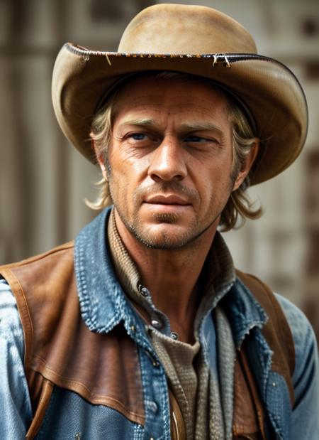 sm1, ((best quality)), ((masterpiece)), (detailed),(<lora:SteveMcQueen:1>)  Midjourney Style, close-up, man,  blonde hair, (("Stetson hat, denim shirt, leather vest, bandana, cowboy boots"))  blue eyes, concept art, inspired by Marek Okon, digital art, 4:3 aspect ratio, dynamic duo