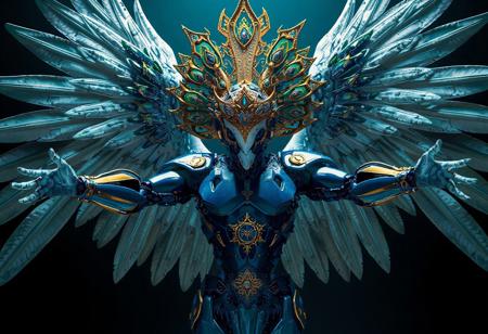 A hyperdetailed cinematic digital illustration of a humanoid Incarnated Machine Angel, depicted in a dynamic pose with outstretched arms, exuding readiness and power. The body is predominantly blue, contrasting sharply with the black-and-white head, while the large headdress is a complex assembly of gold and green, featuring intricate patterns and designs. The Orcustrated Babel background provides a stark contrast, enhancing the angel’s visibility and drawing immediate attention. Rendered in Unreal Engine 6, with 4K resolution, lifelike details, sharp lines, and stunning, harmonious colors. The composition is impeccable, with captivating cinematic lighting, balanced editing, and a creative angle, trending on ArtStation, CGSociety, and ArtStationHQ. Inspired by the styles of Raphael, Houdini, and Grammer Effect, with vivid emotions and a powerful message. The humanoid Incarnated Machine Angel’s design showcases handcrafted precision and a sense of divine mechanical grandeur, evoking a high-stakes, otherworldly atmosphere."