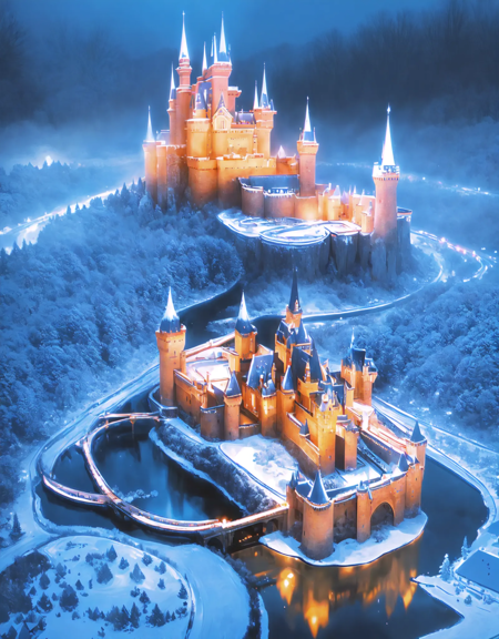 Photo of a massive snow-covered castle illuminated by ambient lights, casting a magical glow over the wintry landscape<lora:WinterCastle_v0.2:1>