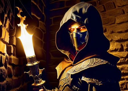 a Rogue walking in a dark dungeon,indoor,torch on a wall in background, roguemask ,(ligth mask:1.2),holding a torch,masterpiece,1guy, sharp, ultra detailed, 8k,(high detailed face:1.2),(high detailed hand:1.2),(high detailed skin:1.2),  <lora:RogueMask:1>