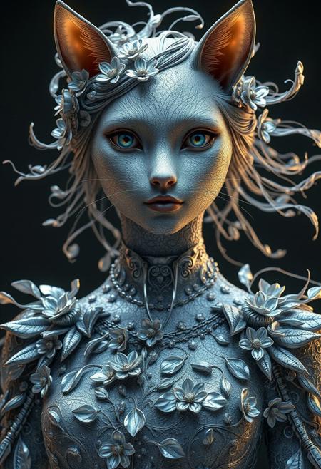 Silver statue of a cat woman, her skin composed of delicate, textured silver flakes, with chrome and glass flowers intricately woven into her hair, her eyes gleaming with a warm, bluish light, wearing a majestic, windy-blown ornate gown with tattered, silver petals, reminiscent of a dark, dystopian world, her face and shoulders illuminated by a soft, ambient glow, as if radiating an otherworldly energy, in the styles of Royo's dark, mystical realism, Artgerm's hyper-detailed, metallic sheen, and Lovecraft's eerie, atmospheric tension, with meticulous attention to intricate textures, dramatic shading, and a sense of haunting, ethereal beauty.