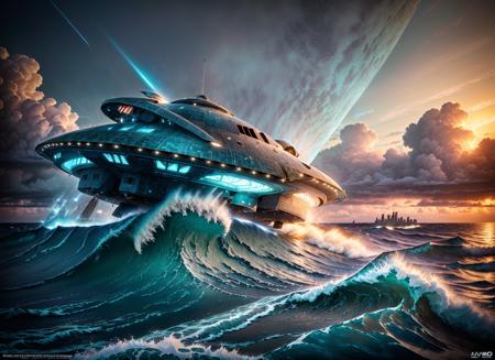 (highres), (masterpiece), (giant armored UFO crashed into the ocean):1.2, (wave destroys city):1.3, night, intricate, highly detailed, hdr, 8k, (dark shot:1.17), faded, (neutral colors), (muted colors:1.2), hyperdetailed, cinematic, warm lights, dramatic light, (intricate details:1.1), complex background