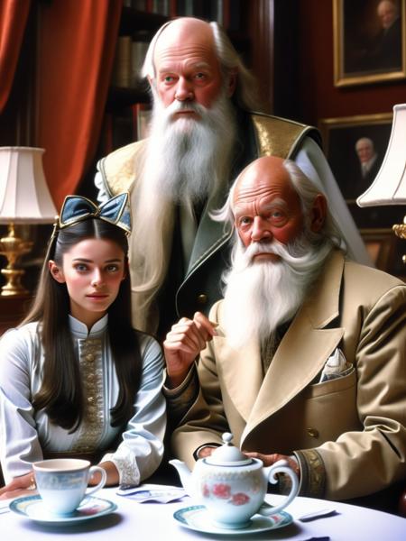 <lora:TerryGilliam:1>a young woman sitting opposite with an old man having afternoon tea, facing to the camera, This photorealistic film still by Terry Gilliam captures the hilarious moment