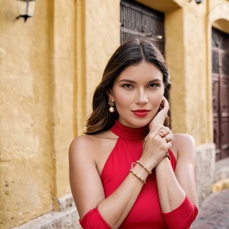 cinematic film still upper body shot of an (curvy:0.1) (busty:0.1) ohwx woman classic half-updp hair posing in a
Red mock neck dress	Stacked bracelets	High neck keeps attention on face and fit without revealing chest
Cartagena Old Town	â Historic walled city	Colonial architecture	Busy plazas and squares	Warm toning on buildings
in style of Steve McCurry	Canon EOS 5D Mark IV	24-70mm	f/2.8	1/125s	400	Natural light, reflectors <lora:Jessica Valero_SDXL_v1.0b:1> . shallow depth of field, vignette, highly detailed, high budget, bokeh, cinemascope, moody, epic, gorgeous, film grain, grainy