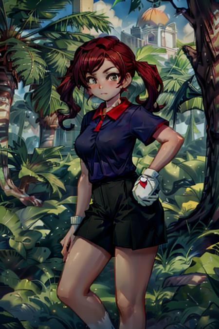 highest quality, highest quality visuals, highest details,<lora:Plum V21:0.8> plum (mario golf 64), 1girl, solo, 2D, high poly, brown hair, pigtails, green eyes, smile, dark blue shirt, red collar, red cuffs, 1white_glove, black shorts, bare legs, socks, red and white sneakers, (dark background:1.2),   <lora:Add_eyes_focus:1>