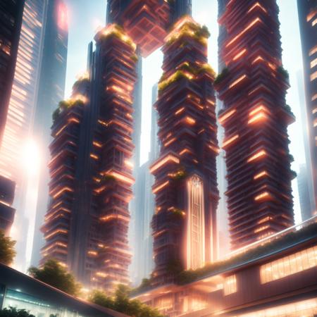 (coralcity style:1) clock tower in the middle of a futuristic city with a lot of tall buildings, a very tall building with a lot of lights on it, lots of plants growing on it's sides <lora:djzCoralCityV21:0.8>