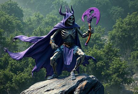 Gashadokuro Skeletal Mayakashi, He-Man universe, dynamic action pose on rock. Blue outfit, purple cape flowing, wielding purple axe, gazing left. Bush background, cinematic, splash ink illustration, octane render, Unreal Engine 5 pro, Raphael style, Artstation trending, golden ratio, detailed eyes, CGSociety, 4k, vivid emotions.