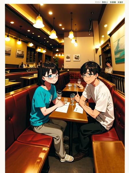 masterpiece, best quality, ultra-detailed, illustration,
coffeeyadream, SOSD, indoors, multiple boys, chair, sitting, glasses, lamp, table, scenery, window, 2boys, 1boy, multiple girls, cafe
 <lora:Cafe_Dream:0.8>