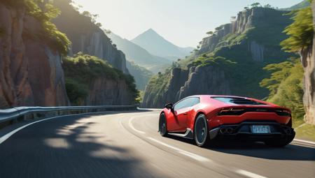 lamborghini huracan on extremely curvy winding mountain road, (Studio ghibli style, Art by Hayao Miyazaki:1.2), Anime Style, Manga Style, Hand drawn, cinematic, Sharp focus, humorous illustration, big depth of field, Masterpiece, concept art, trending on artstation, Vivid colors, Simplified style, trending on ArtStation, trending on CGSociety, Intricate, Vibrant colors, Soft Shading, Simplistic Features, Sharp Angles, Playful, award winning photograph + cinematic shot + photos taken by ARRI 65 + incredibly detailed, sharpen, details + professional lighting, photography lighting + 50mm, 80mm, 100m + lightroom gallery + behance photographys + unsplash, global illumination, epic award winning photograph (subsurface scattering:1.3), intracate details, ambient occlusion, global illumination, realism, hyper realistic, hyper detailed