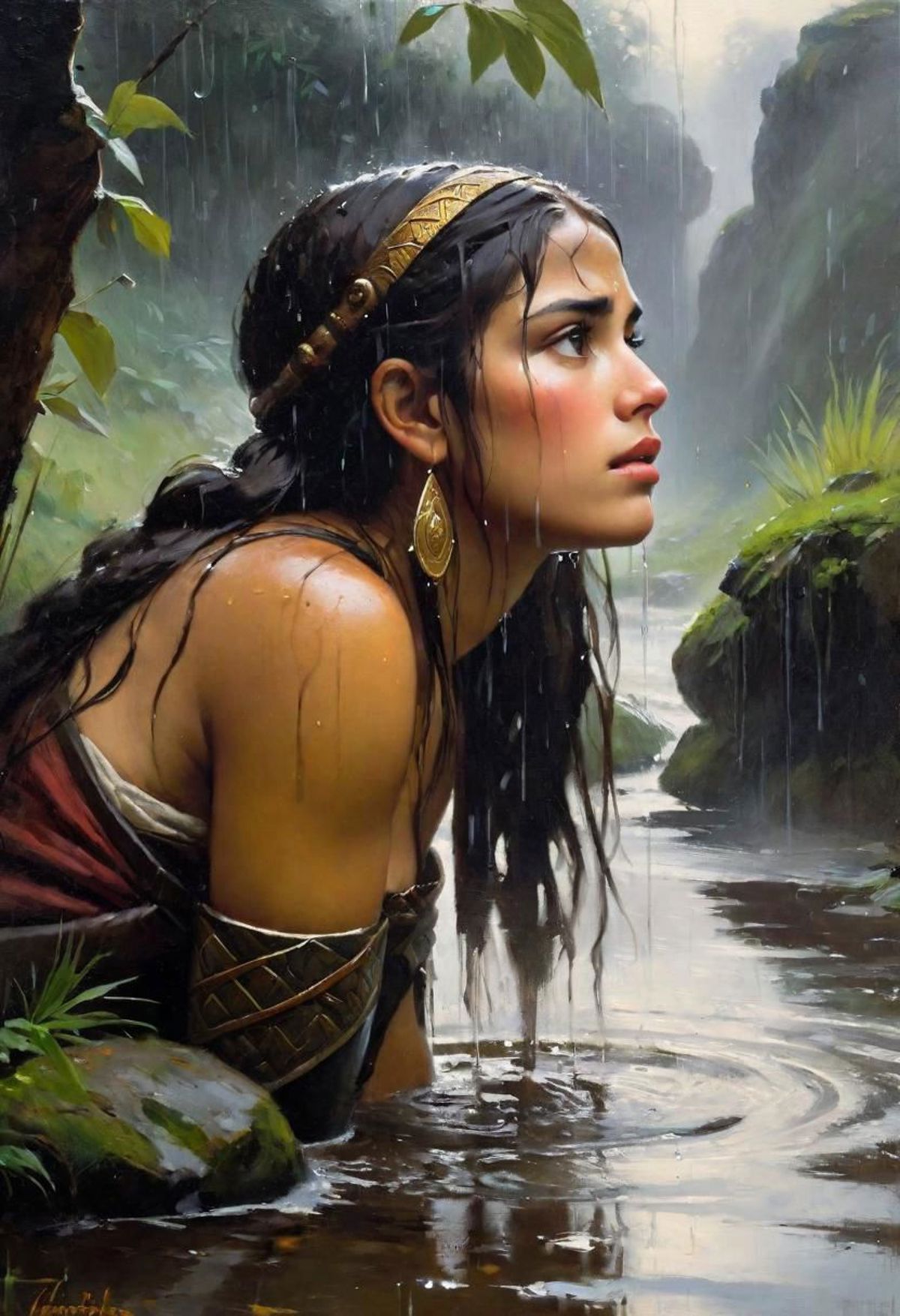 A painting of a woman with long hair and a golden headband, looking down at water.