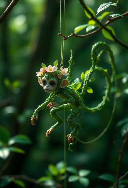"In the emerald heart of the forest, a tiny, vine-woven monkey swung from a gossamer thread of spider silk, its body a tapestry of leaves and tendrils, intricately woven by the forest's own verdant hands. Delicate, jade-green shoots formed its limbs, while a crown of cherry blossoms burst from its forehead, casting a soft, pink glow across the dappled underbrush. Its eyes, two bright, shining dewdrops, sparkled with mischief as it leapt from branch to branch, its leafy tail streaming behind like a verdant banner, as if the forest itself had come to life in this tiny, mischievous sprite." highest-Quality, intricate details, visually stunning, Masterpiece