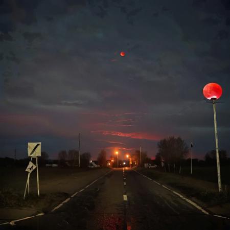 russian panel houses, masterpiece, high quality, dark sky, red moon, nightmare, bad_pictures, easynegative, empty road, emptiness feeling, epiCPhoto