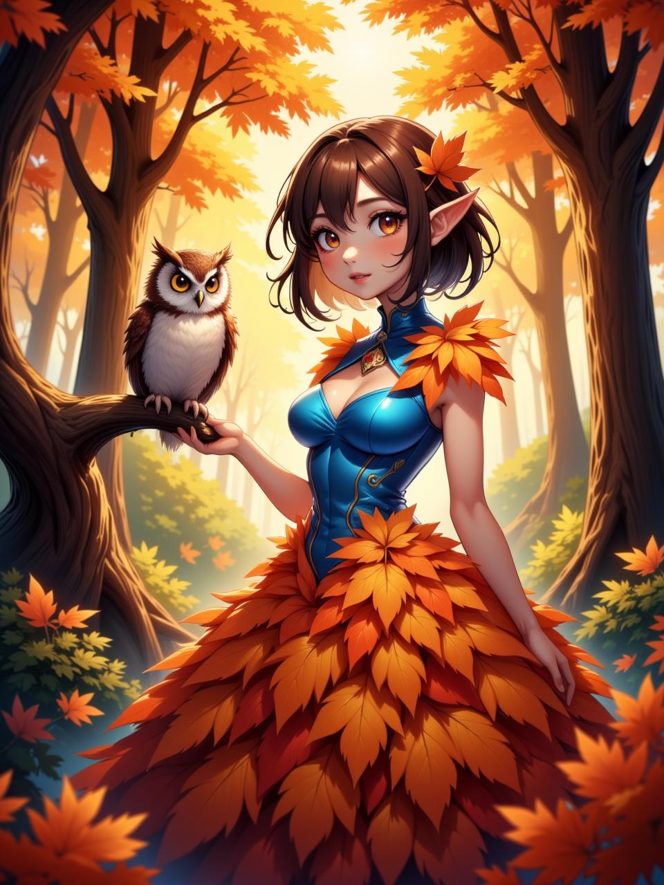 Close-up portpait. A whimsical autumn forest scene, showcasing a female figure dressed in a vibrant orange dress made of layered leaves, complemented by a bright blue top. An owl perches on a gnarled branch nearby, its feathers a rich mix of browns and whites. The background features tall trees with striking orange and gold foliage, illuminated by warm, soft sunlight filtering through the leaves, creating a dreamy, impressionistic atmosphere. The color palette includes warm oranges, deep browns, and hints of soft blues, evoking a sense of tranquility and magic in the heart of the autumn season. cel-shaded anime style <lora:73a_flux:0.8> <lora:fca_style_32:0.6> <lora:glowing_flux:0.8> <lora:Anime_detail_eye:0.7>