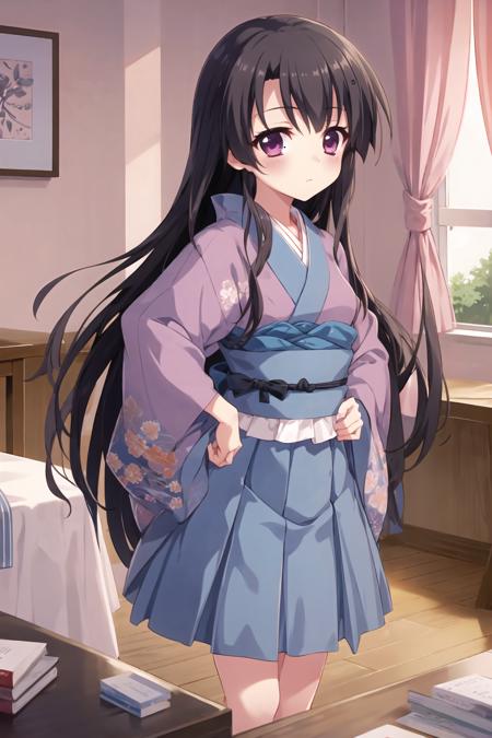 ichikishima mizuha \(re:stage!\), black hair, very long hair, darkmagenta eyes,  kimono \(mizuha seifuku\), 