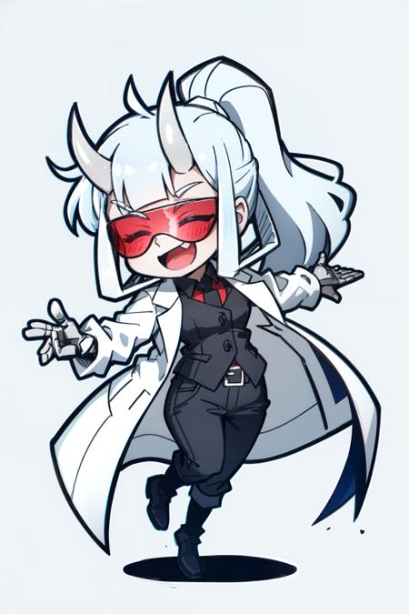 <lora:loremaster:1>loremaster(helltaker), black footwear, full body, white hair, long sleeves, sidelocks, simple background, demon tail, red-tinted eyewear, chibi, tinted eyewear,  horns, demon girl, closed eyes, goggles, smile, teeth, happy, coat, demon horns, white coat, open mouth, pants, 1girl, labcoat, solo, ponytail, tail, boots