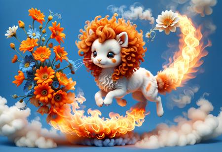 running in circles away from the fire coming from its tail,
steam and flames rising,
muted colours
flowerart, flower, <lora:flower_art:1>, 
cute, tiny, dynamic pose,
curly mane, tail erupting into white flames and steam,
floating on clouds of blue and orange flowers,
