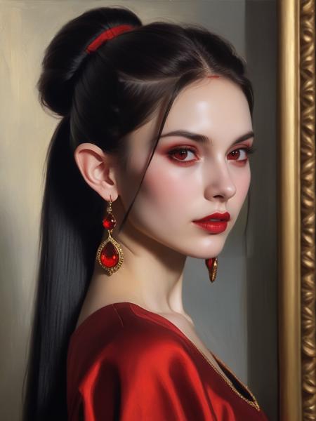 <lora:07RomanticismArt_Hap_XL:3.1>, romanticism oil painting,   (masterpiece, best quality, very aesthetic, absurdres:1.2), 1girl, nose, lips,standing, looking at viewer, portrait, Tall, Slim elf ears, long ponytail,((black hair)), (crimson red eyes), pale skin, red lipstick,suple lips, earrings,( high cheekbones:1.2) ,expressionless, (dark eyeliner),(sharp eyes),(evil grin:0.8),