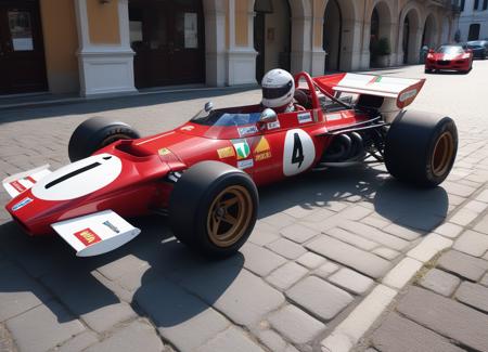 photo of a f312b, ultra detailed livery, 8k uhd, high quality, (parked on the pavement of an italian historic square:1.4), early hours of the morning of a summer day, 4k, glimpses of sunlight, vibrant color, 70s shot <lora:f312b_SDXL-LoRA-v02-000010:0.5>