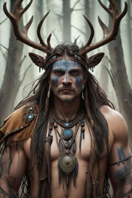 stylized portrayal of a Forsworn shaman, (mystical:1.3) gaze, (wild:1.2) features, (antler-adorned:1.1) headpiece, (enchanted:1.2) background, (otherworldly:1.3) atmosphere, by [Your Chosen Artist], digital artwork, earthy colors, trending on ArtStation, unique interpretation, colourmagic