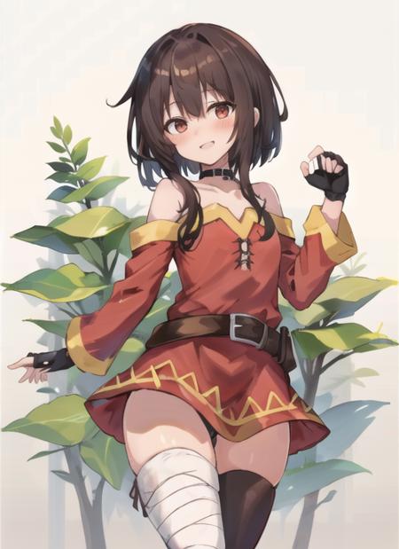 <lora:Megumin-000010:0.6>
megumin, standing, looking at viewer, (no headwear), brown hair, short hair, red eyes, blush, black choker, red dress, long sleeves, black gloves, fingerless gloves, belt, brown belt, gold trim, zettai ryouiki, skindentation, (asymmetrical legwear:1.4), mismatched legwear, (bandaged leg:1.3), black thighhighs,
Smile, cowboy shot, forest