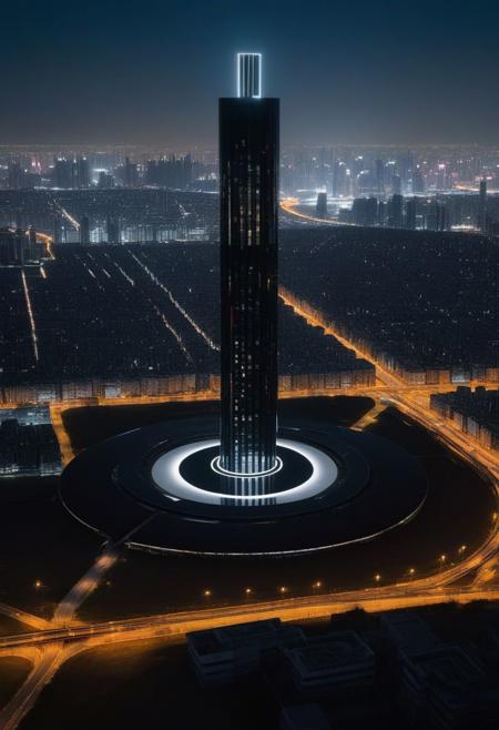 A stately pleasure-dome decree:
Aleph Tower marked with a black circle in bold lines intersected by a thick , centre for the AI that rules the Human civilization, in a glittering city of glass and shining metal,
   bright sunlight under a pitch black sky.
So twice five miles of urban sprawl,
With walls and towers  girdled round;
Photographer Reuben Wu Style