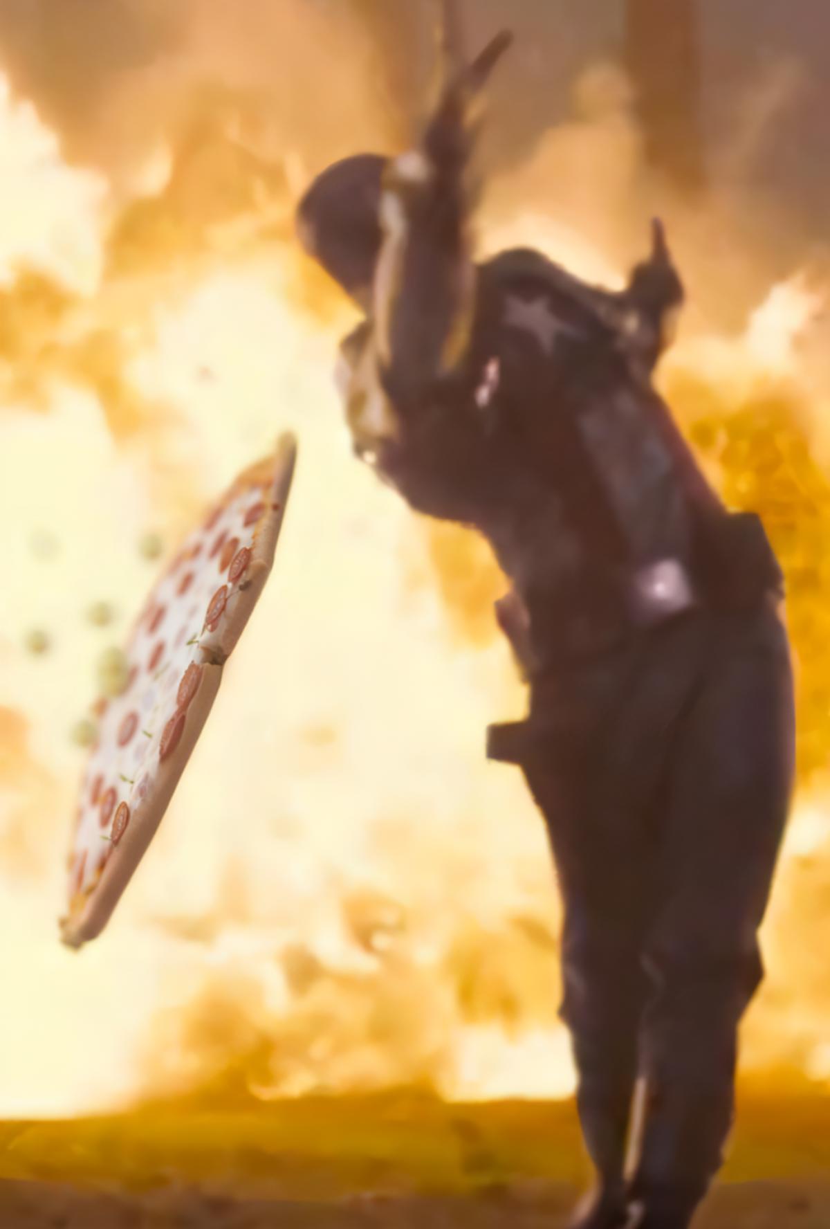 A superhero is catching a pizza in mid-air.