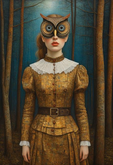 detailed photorealistic image, a steam punk fashioned woman with blindfold standing in woods, an owl is on her shoulder,  (oil painting:1.5), in (abstract art:1.5) style, (by John Everett Millais:1.1), (by Paul Klee:1.7),  directional lighting, masterpiece, perfect composition, abstract glitch, from above, masterpiece,best quality,very aesthetic, absurdres,