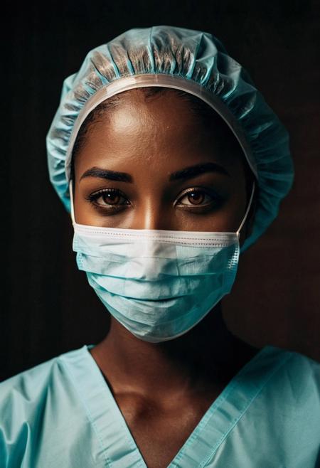 A female black surgeon in surgical outfit, (Ghanian), (brown skin:2), surgical mask, surgical cap and surgical gloves, (holding a golden scalpel), Detailed picture, very high resolution, (in an operating room), surgical outfit, skin tone style,  Stable-Yogis-Rembrandt-lighting-1.5x , easynegative, Stable-Yogis-EtherealBeauty-1.5x, brown eyes, perfecteyes, dim light, low light, dramatic light, partially covered in shadow, Low-key lighting Style, film, grain, bokeh,