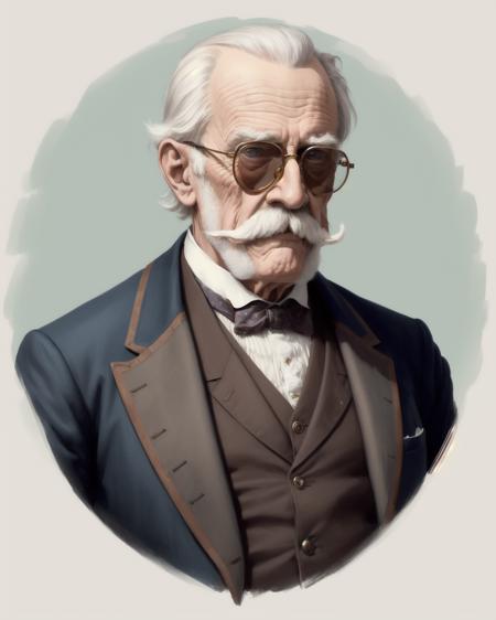 hyper detailed painting of a cool chilled confident elderly Victorian 1gentleman with an extravagant large straight symmetrical 1moustache, wearing round 1sunglasses, muted pastel colour scheme, studio lighting, plain background,