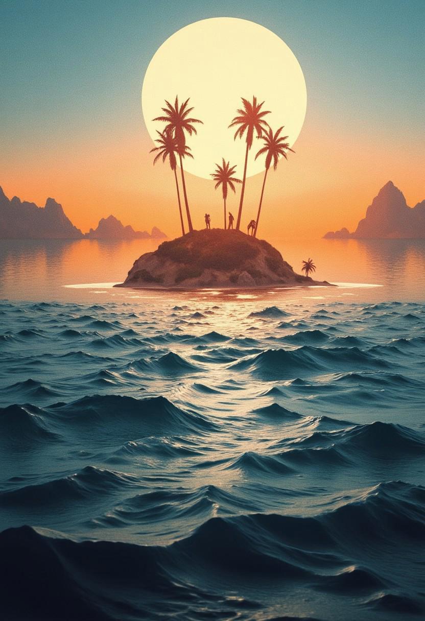 silhouette of a computer screen, a wavy ocean with a summer vibes, island with palm trees in a orange light as mny animals sleep on beach, grain and double exposure through the computer screen,