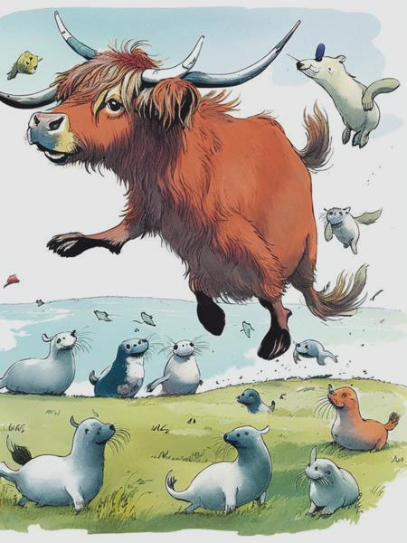 <lyco:QuentinBlake:1.0> 103043. An illustration by Quentin Blake. A funny illustration of a highland cow trying to play catch with a group of playful seals.