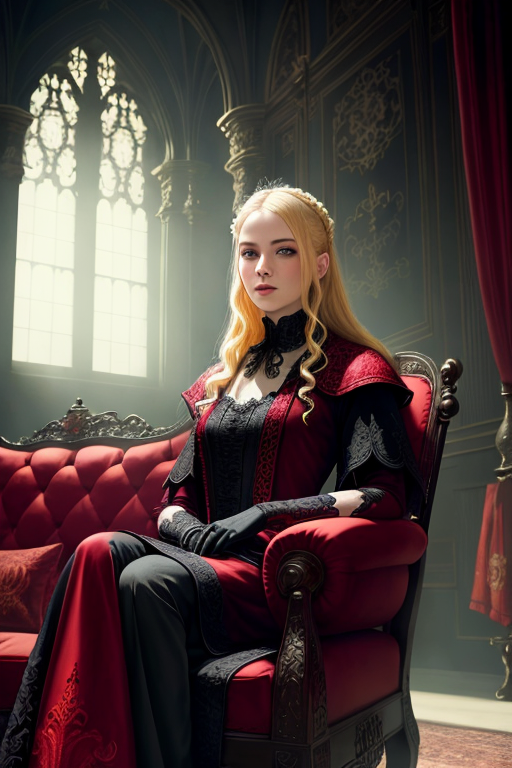 portrait of blonde woman sitting on red sofa in a dark luxurious gothic manor interior intricately detailed robes gloves, ...
