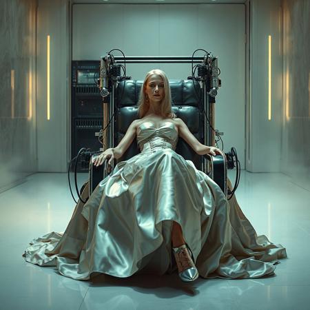 A slender, totally bald, arrogant  rich norvegian bride, reclined in a polished steel restraint fetish chair, dressed in a luxurious, rich fantasy satin wedding gown with a fitted, boned corset accentuating her ultra-thin waist. and a full, flared skirt, paired with satin high heels, orgasm face. The massive electrodes holding her head pressed to the steel restraint chair headrest,  cabled to a  futuristic superconputer rack. Her hands and ankles are bound to the steel restraint chair   by massive steel restraints,   weird fog from the floor.  (Tall french maid at background   holding her blonde long haired wig.) The scene is set in a sterile, empty chamber, with a glossy mother-of-pearl finish, evoking a sense of futuristic dread. Inspired by the cinematic styles of Ridley Scott, Guillermo del Toro, and H.R. Giger, with a blend of sci-fi and horror elements, this full-body portrait is a masterpiece of cinematic storytelling, shot on a virtual v-raptor XL camera, with a warm, film-grained aesthetic, subtle vignette, and rich color grading, reminiscent of 35mm film, with dramatic, atmospheric lighting, inviting the viewer to immerse themselves in this epic, stunning scene.