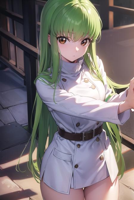 codegeasscc, <lora:codegeasscc-lora-nochekaiser:1>, 
cc, (brown eyes:1.5), green hair, long hair, straight hair,
BREAK straitjacket, (white straitjacket:1.5), wide sleeves, belt, black belt,
BREAK outdoors, city,
BREAK looking at viewer, (cowboy shot:1.5),
BREAK <lyco:GoodHands-beta2:1>, (masterpiece:1.2), best quality, high resolution, unity 8k wallpaper, (illustration:0.8), (beautiful detailed eyes:1.6), extremely detailed face, perfect lighting, extremely detailed CG, (perfect hands, perfect anatomy),